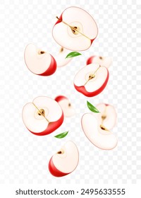 Flying red juicy apples. Bright advertising background falling red apples, realistic with blurred effect. 3d vector illustration