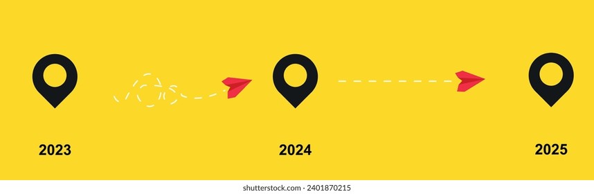 The flying red paper expands its path by flying from point 2023 to point 2024 and 2025. time management idea concept