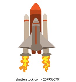 flying red rocket with porthole and flame from three engines. vector illustration.