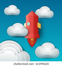 Flying red rocket in sky with clouds. Science concept inspiration. Paper art cartoon realistic trendy craft style. Modern origami design template. Funny cute childrens vector illustration.