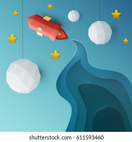 Flying red rocket in space with planet, stars. Science concept inspiration. Paper art cartoon realistic trendy craft style. Modern origami design template. Funny cute childrens vector illustration.