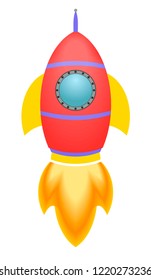 Flying red rocket. Vector illustration, flat design style. Isolated on a white background.