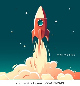 Flying red rocket with the word universe, vector illustration