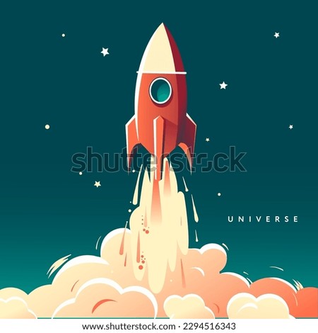 Flying red rocket with the word universe, vector illustration
