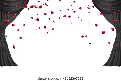 Flying red rose petals, luxury Grand Opening with Attractive Black Stage Curtain
