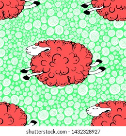 flying red sheep on a green background with wite curls. dancing sheep. soaring sheep. seamless pattern with sheeps. vector illustration.