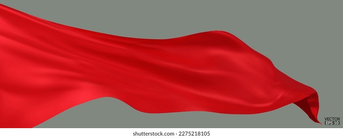 Flying red silk textile fabric flag background. Smooth elegant red Satin Isolated on green Background for grand opening ceremony. Red curtain. 3d vector illustration