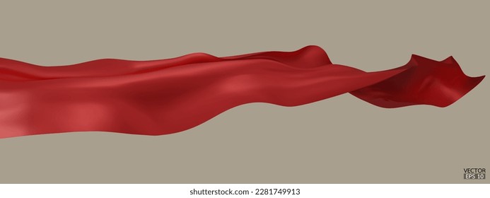 Flying red silk textile fabric flag background. Smooth elegant red Satin Isolated on beige Background for grand opening ceremony. Red curtain. 3d vector illustration