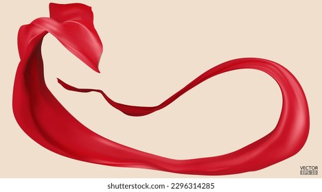 Flying red silk textile fabric flag background. Smooth elegant red Satin Isolated on beige Background for grand opening ceremony. Red curtain. 3d vector illustration