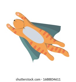 Flying red supercat with stripes in blue cape. Vector illustration in cute cartoon style