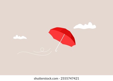 Flying red umbrella and clouds in the sky. concept Insurance protection or safety