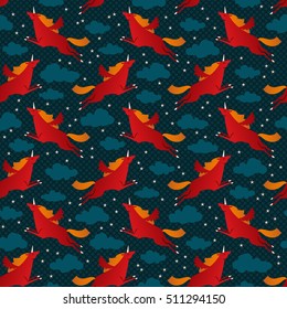 Flying red unicorns seamless pattern with clouds and stars flat vector illustration