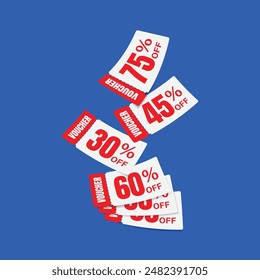 Flying red voucher with blue background, vouchers, exchange. Discount, profitable purchases, Offers, Special premium price offers sale coupon.