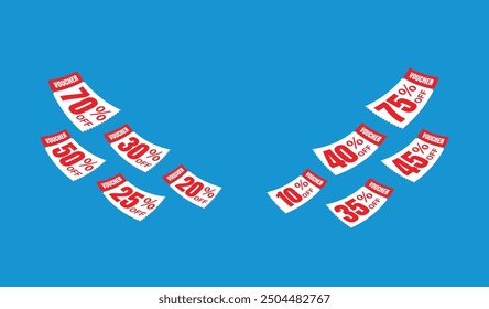 Fliegender roter Gutschein mit blauem Hintergrund, Gutscheine, Umtausch. Rabatt, profitable Käufe, Angebote, Sonderangebote Premium-Preis Verkauf Gutschein. Vektorgrafik der Gutscheine.