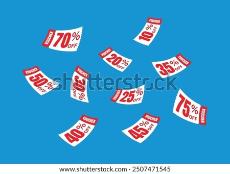 Flying red voucher with blue background, vouchers, exchange. Discount, profitable purchases, Offers, Special premium price offers sale coupon, Red vouchers. Voucher set design.