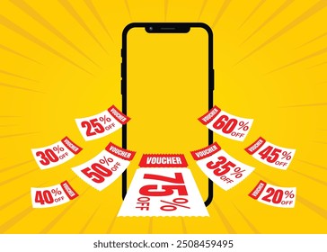 Flying red vouchers with yellow background, vouchers, exchange. Discount, profitable purchases, Offers, Special premium price offers sale coupon. vector illustration, mobile pop up vouchers.