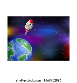 Flying Red White Rocket In Galaxy Space With Earth Planet Cartoon
