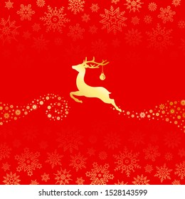 Flying Reindeer With Christmas Ball Snowflakes Gold And Red