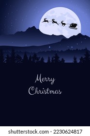 Flying reindeer and Santa sleigh with Christmas gifts, full moon background, starry sky, mountains. Merry Christmas, happy new Year greeting card, banner, background, template