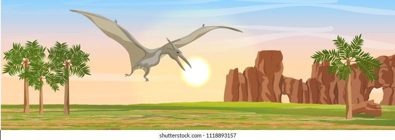 Flying reptile Pteranodon in the sky above the valley and stony rocks. Prehistoric animals and plants. Vector landscape of the Mesozoic era. Pterodactyl