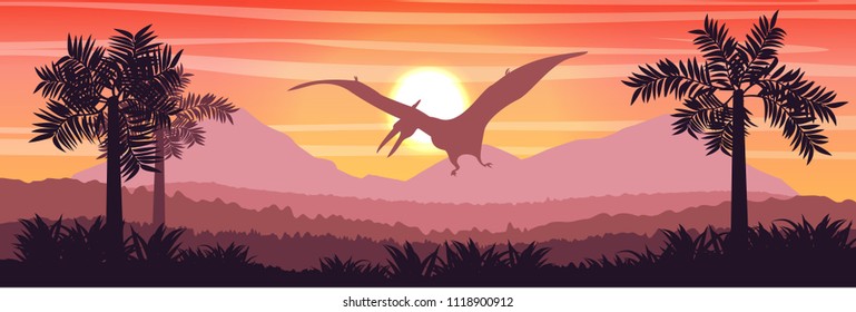 Flying reptile pteranodon in the sky above the valley and mountains Prehistoric animals and plants ferns. Vector landscape of the Mesozoic era. Pterodactyl. Silhouette