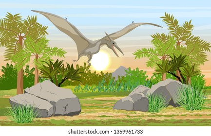 Flying reptile Pteranodon in the sky above prehistoric forest. Prehistoric animals and plants. Scene from Mesozoic or Jurassic period. Realistic Vector Landscape