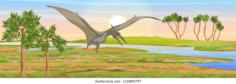 Flying reptile pteranodon in the sky over the valley of the river. Prehistoric animals and plants. Vector landscape of the Mesozoic era. Pterodactyl