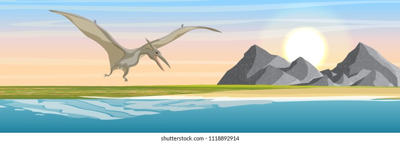 Flying reptile pteranodon in the sky over the island with volcanoes and mountains. Sea. Prehistoric animals and plants. Vector landscape of the Mesozoic era. Pterodactyl