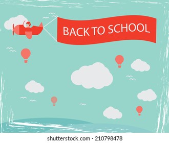 Flying retro plane with the banner Back to school. Vector illustration