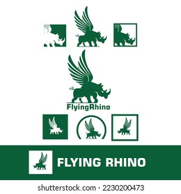 FLYING RHINO LOGO, silhouette of strong winged animal vector illustrations