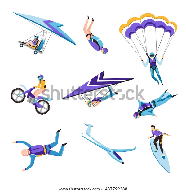 Flying or riding extreme air sport flying and\
jumping isolated characters vector parachute and hang glider\
wingsuit and motorcycle surfing man in protective clothing helmet\
or diving costume.