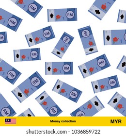 Flying Ringgit banknotes. Money rain. Falling Ringgit