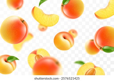 Flying ripe apricot. Bright advertising background falling juicy sweet peach, realistic illustration with blurred effect. 3d vector design for advertising banners and web page design