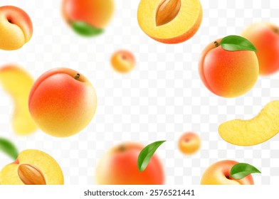 Flying ripe apricot. Bright advertising background falling juicy sweet peach, realistic illustration with blurred effect. 3d vector design for advertising banners and web page design