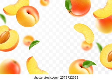 Flying ripe apricot. Bright advertising background falling juicy sweet peach, realistic illustration with blurred effect. 3d vector design for advertising banners and web page design