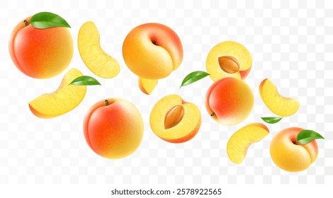 Flying ripe apricot. Bright advertising background falling juicy sweet peach, realistic illustration with blurred effect. 3d vector design for advertising banners and web page design