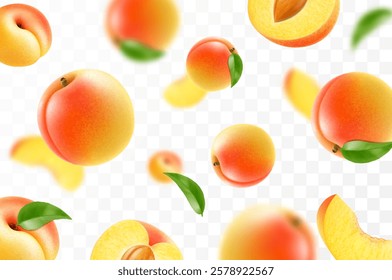 Flying ripe apricot. Bright advertising background falling juicy sweet peach, realistic illustration with blurred effect. 3d vector design for advertising banners and web page design