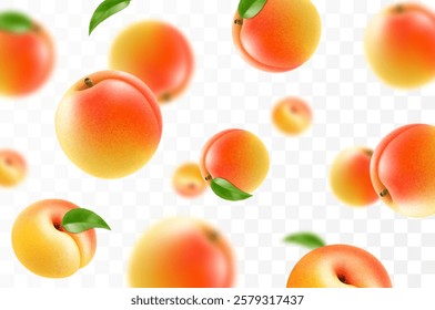 Flying ripe apricot. Bright advertising background falling juicy sweet peach, realistic illustration with blurred effect. 3d vector design for advertising banners and web page design