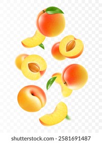 Flying ripe apricot. Bright advertising background falling juicy sweet peach, realistic illustration with blurred effect. 3d vector design for advertising banners and web page design