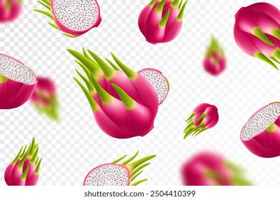 Flying ripe dragon fruit. Bright background falling juicy fruit pitahaya, realistic illustration with blurred effect. 3d vector design for advertising banners and web page design