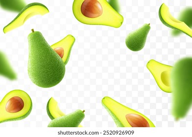 Flying ripe fresh avocado. Bright advertising background falling juicy fruit avocado. Realistic illustration with blurred effect. 3d vector design for advertising banners and web page design