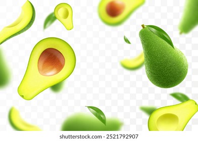 Flying ripe fresh avocado. Bright advertising background falling juicy fruit avocado. Realistic illustration with blurred effect. 3d vector design for advertising banners and web page design