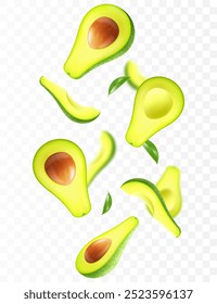 Flying ripe fresh avocado. Bright advertising background falling juicy fruit avocado. Realistic illustration with blurred effect. 3d vector design for advertising banners and web page design