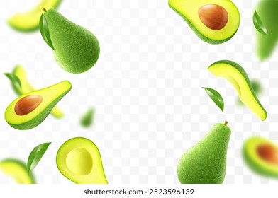 Flying ripe fresh avocado. Bright advertising background falling juicy fruit avocado. Realistic illustration with blurred effect. 3d vector design for advertising banners and web page design