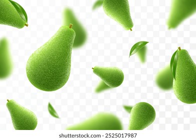 Flying ripe fresh avocado. Bright advertising background falling juicy fruit avocado. Realistic illustration with blurred effect. 3d vector design for advertising banners and web page design