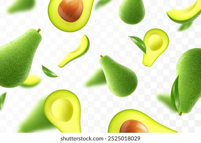 Flying ripe fresh avocado. Bright advertising background falling juicy fruit avocado. Realistic illustration with blurred effect. 3d vector design for advertising banners and web page design