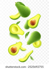 Flying ripe fresh avocado. Bright advertising background falling juicy fruit avocado. Realistic illustration with blurred effect. 3d vector design for advertising banners and web page design