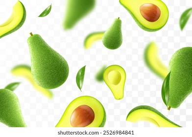 Volando aguacate fresco maduro. Fondo publicitario brillante que cae el aguacate jugoso de la fruta. Ilustración realista con efecto borroso. Diseño de Vector 3D para Anuncios publicitarios y diseño de página de Web