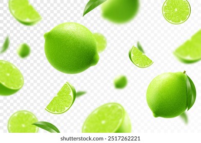 Voando cal madura. Fundo publicitário brilhante caindo de limão verde suculento, ilustração realista com efeito turvo. Design vetorial 3d para banners de publicidade e design de páginas da Web