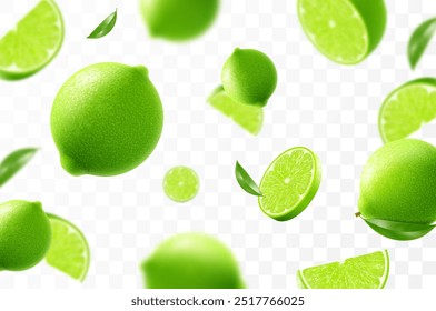 Flying ripe lime. Bright advertising background falling juicy green lime, realistic illustration with blurred effect. 3d vector design for advertising banners and web page design